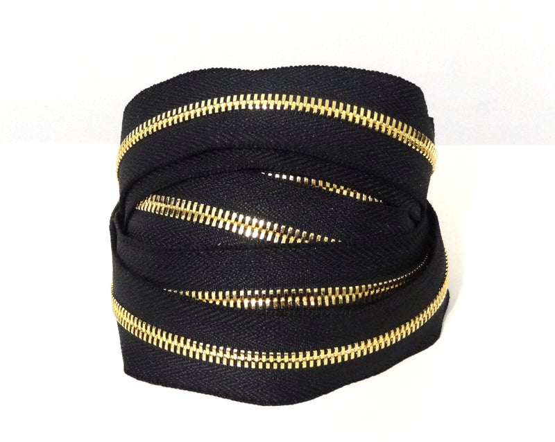 Five Yard Bundles plus 15 Sliders --- #5 Two-Way High-End Zipper Tape --- Black Night with Bright Gold